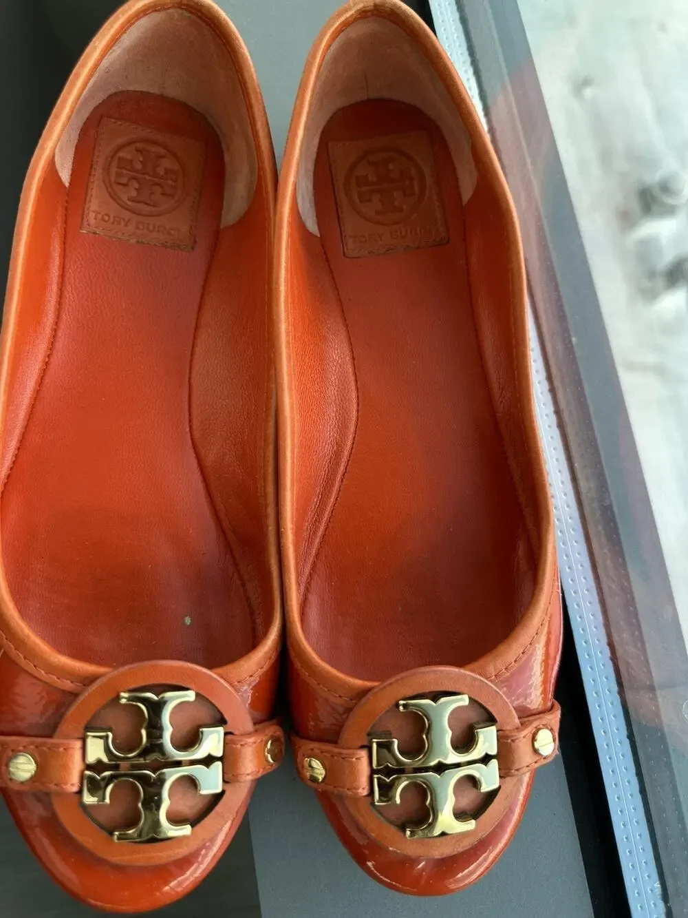 Tory Burch Gold Ballet Flat Orange Patent Leather Shoe Check